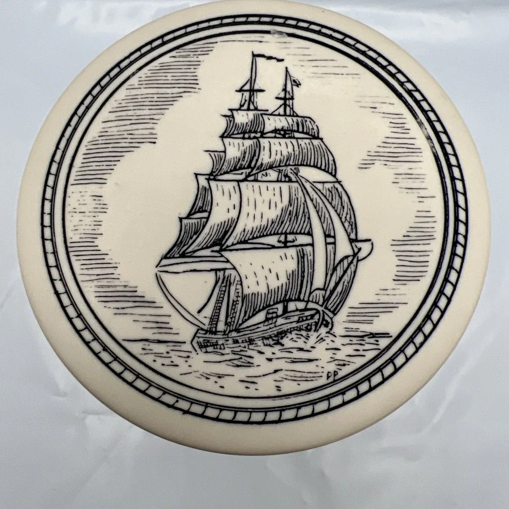 Vtg Comoy's of London Round Faux Scrimshaw Trinket Box Nautical Sailing Ship Lid
